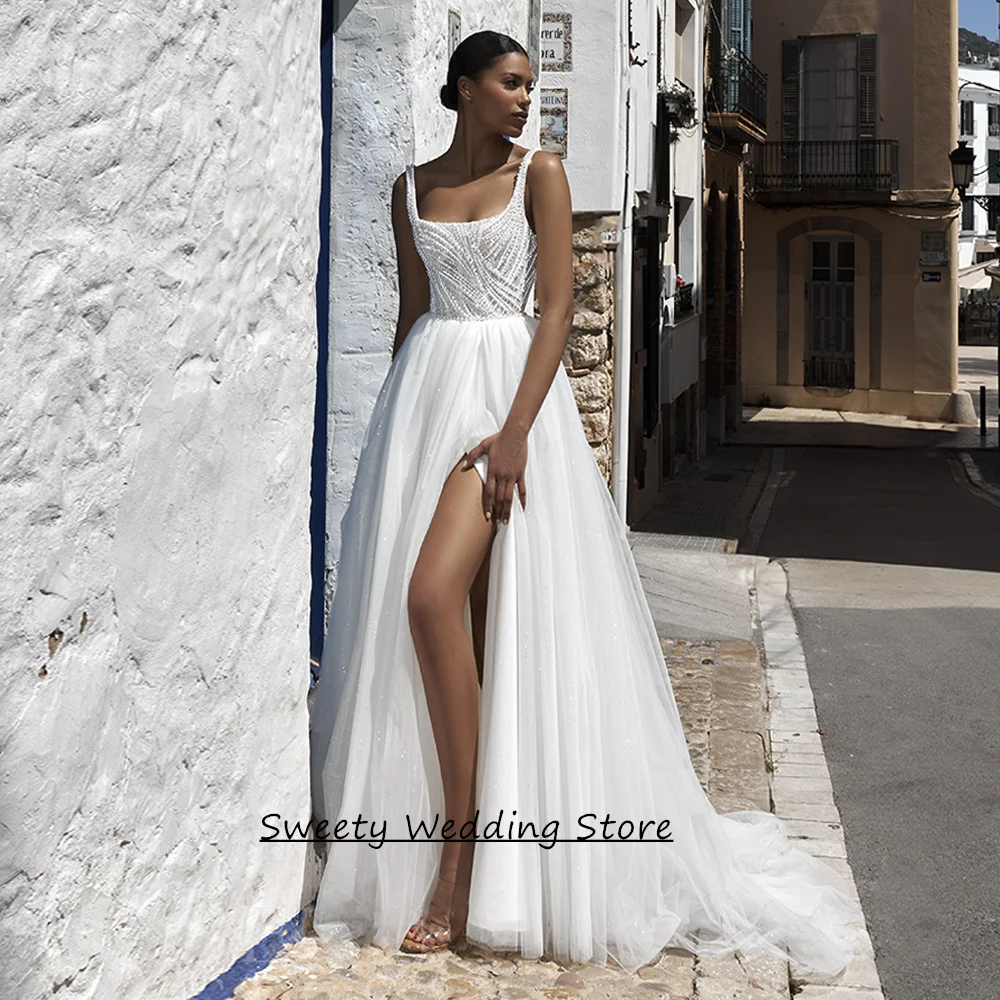 Pearls Wedding Dress Customized Square Neck Sleeveless See Through Split Glitter Tulle A Line Bride Bridal Gown for Lady