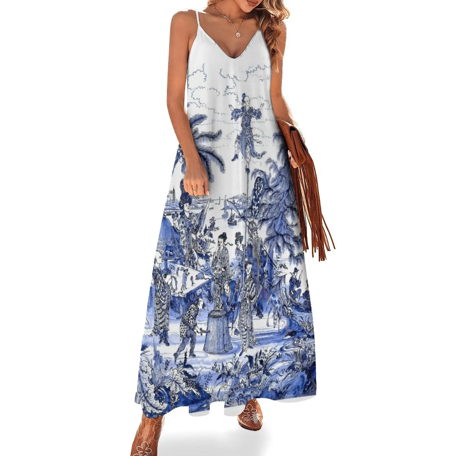 

Chinoiserie Blue Landscape Scene Sleeveless Dress dresses for woman 2024 women's fashion dresses