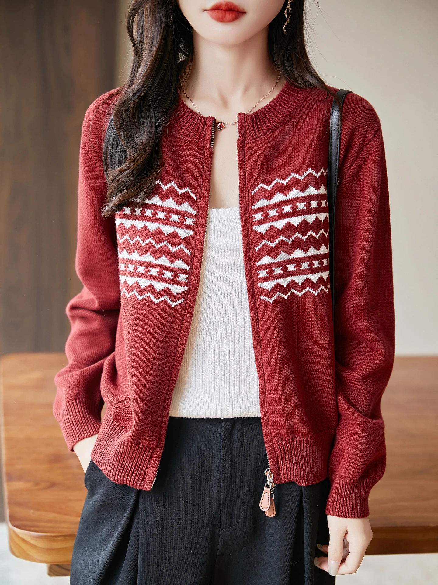 

Miu Series, вязаный кардиган из чистого хлопка, женский круглый трикотаж Ne сращенного цвета, свободная повседневная верхняя одежда, топ