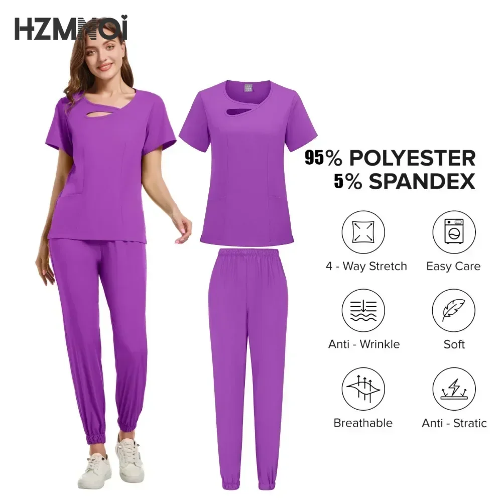 Women Medical Uniforms Elastic Scrubs Sets Hospital Surgical Gowns Short Sleeve Tops Pant Nursing Accessories Doctors Clothes