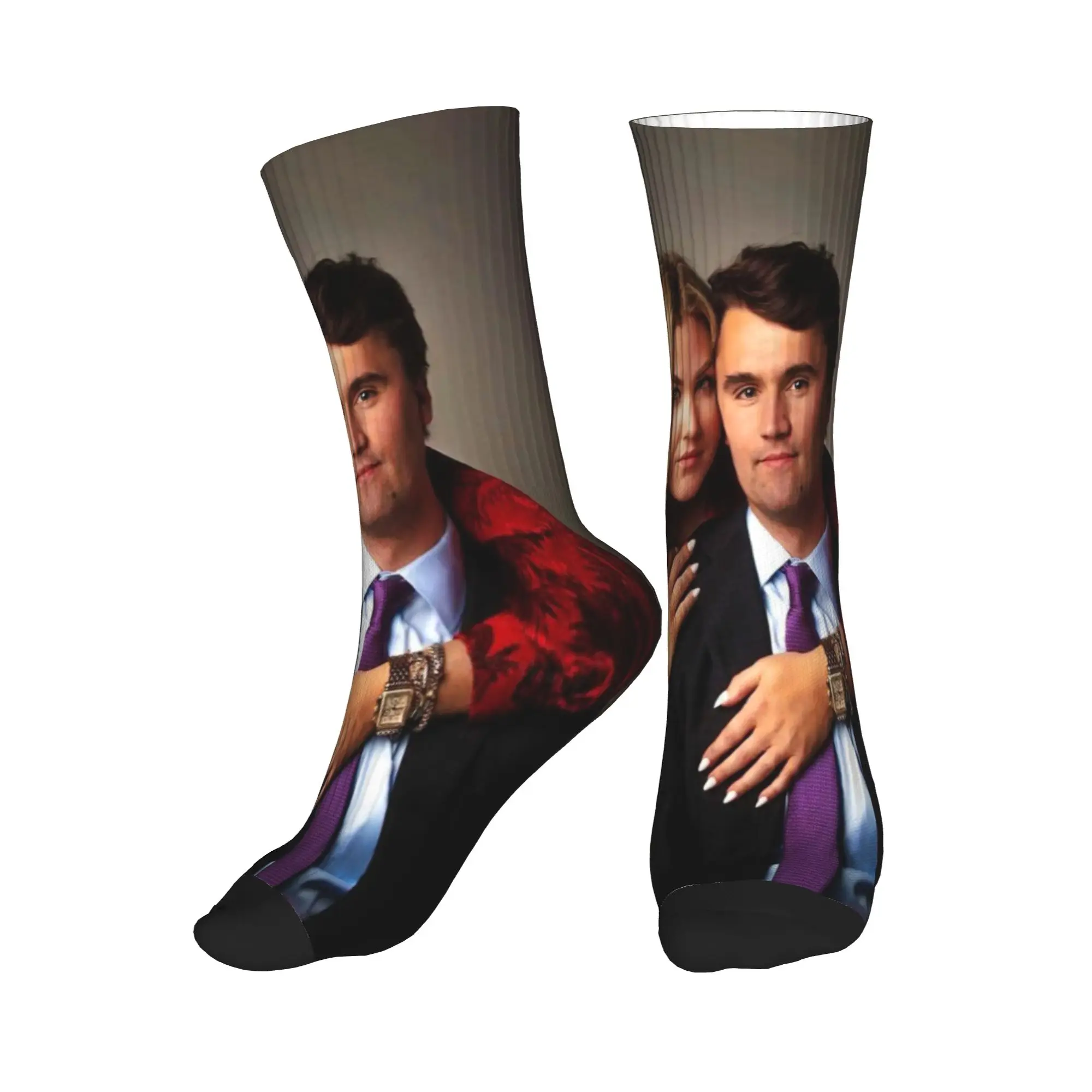 Men Socks Charlie Kirk Couple Portrait Meme  Stockings Non-Slip Quality Socks Winter Novelty Graphic Running Socks