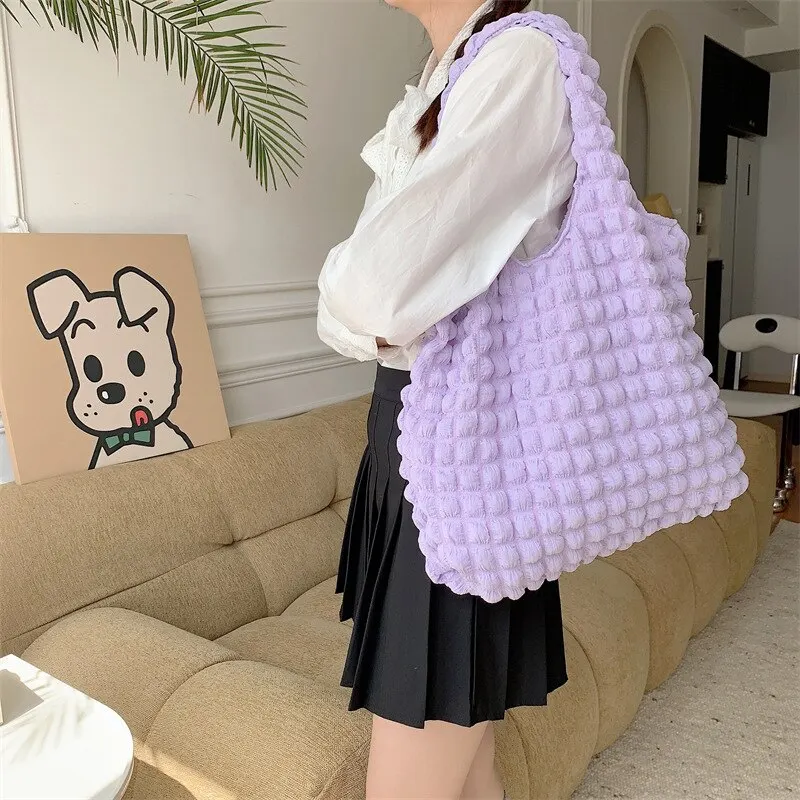 Summer Pleated Bubble Cloud Women Shoulder Bag Vintage Candy Color Large Capacity Shopping Tote Bag