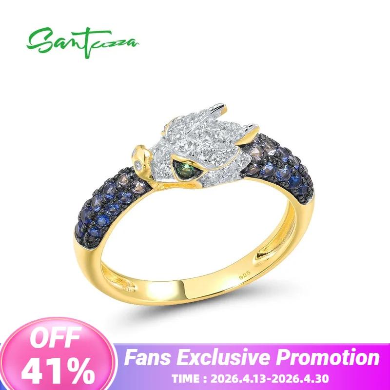 

SANTUZZA Pure 925 Sterling Silver Rings For Women Sparkling Blue Green Stones White CZ Dragon Ring Animal Fashion Fine Jewelry