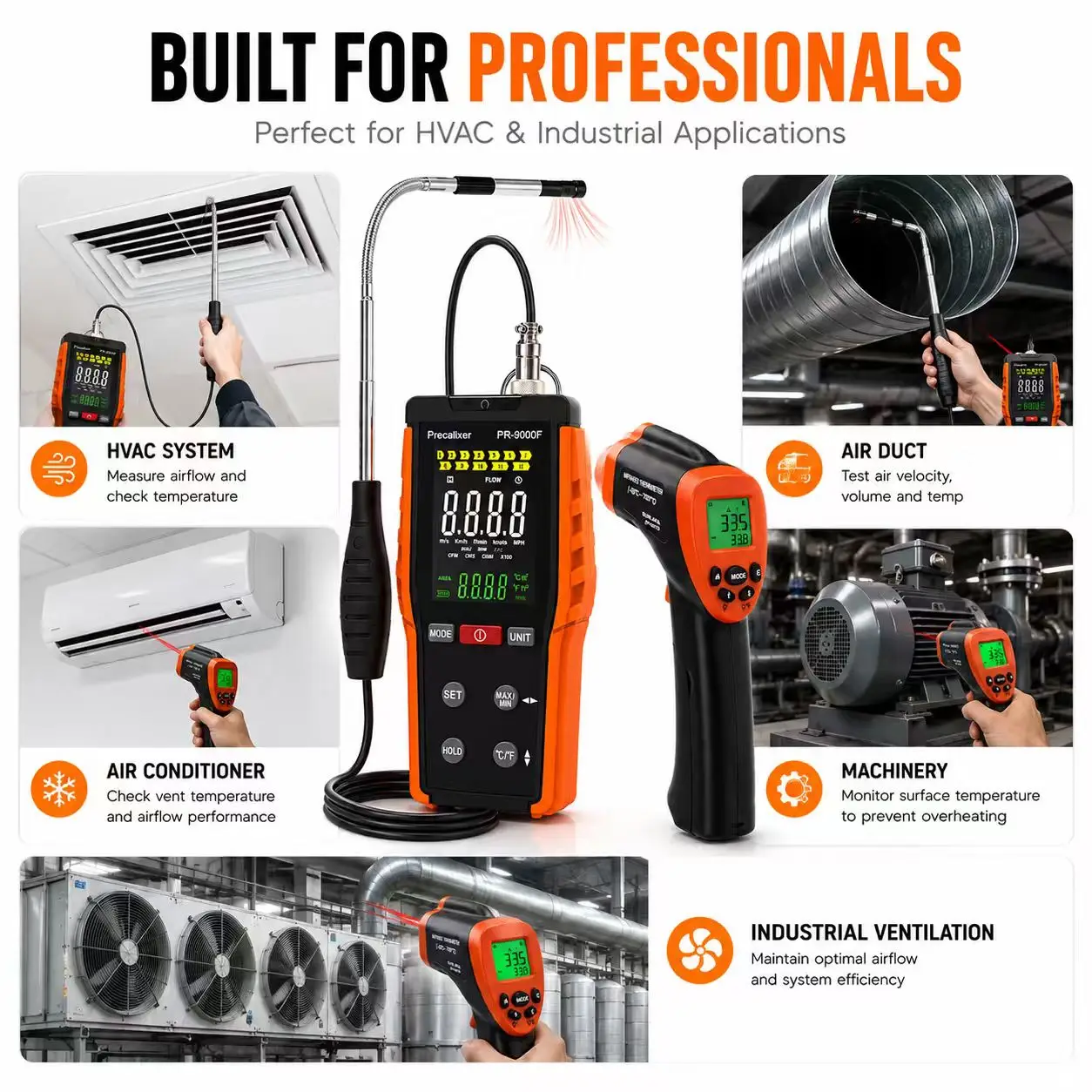 HVAC Anemometer Wind Speed Gauge with Hot Wire Sensor+Non-Contact IR Laser Thermometer 2-in-1 Combo for Air Conditioning