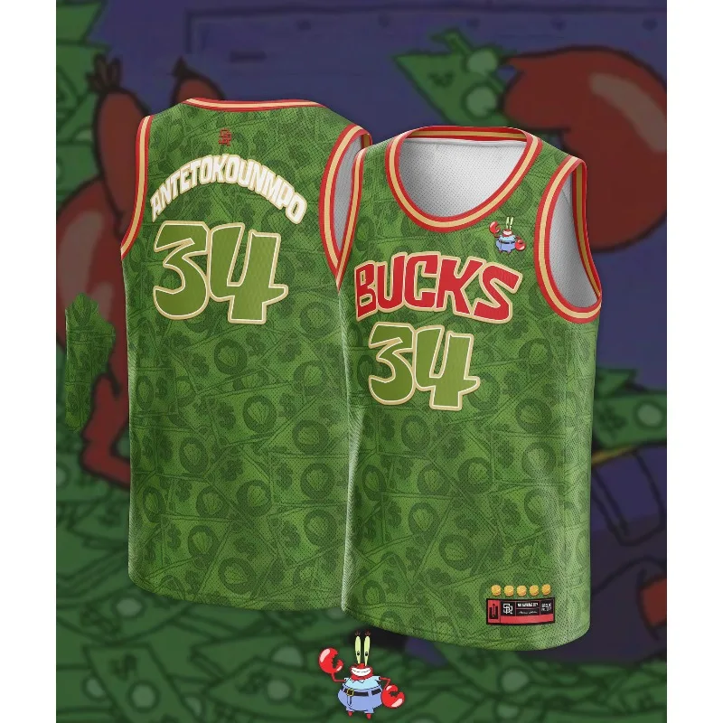 

New Mr. Krabs Giannis 34 Bucks Basketball Jersey Men Sleeveless Breathable Sports Vest for Training Outdoor Casual Wear Y2k Top