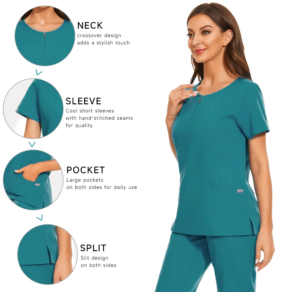 Moda scrub ternos scrubs conjunto para mulheres corredores topos + calças hospital médico enfermagem uniforme decote em v cor sólida workwear cirúrgico