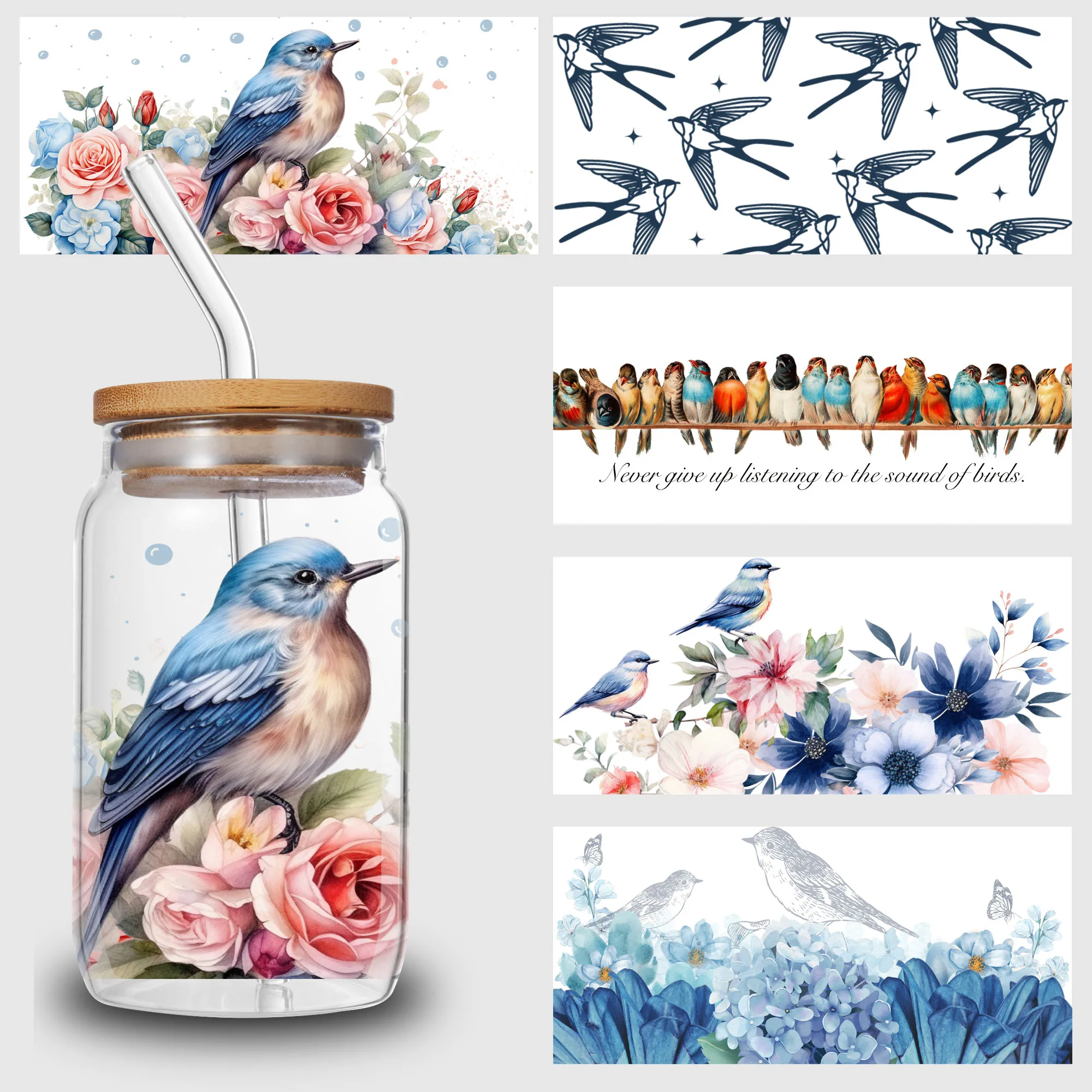 5 Blatt Vogel UV Dtf Becher Aufkleber, Spaß Tier Transfer Aufkleber, wasserdichtes Wipe-On Transfer papier für 16 Unzen Glas, Becher,