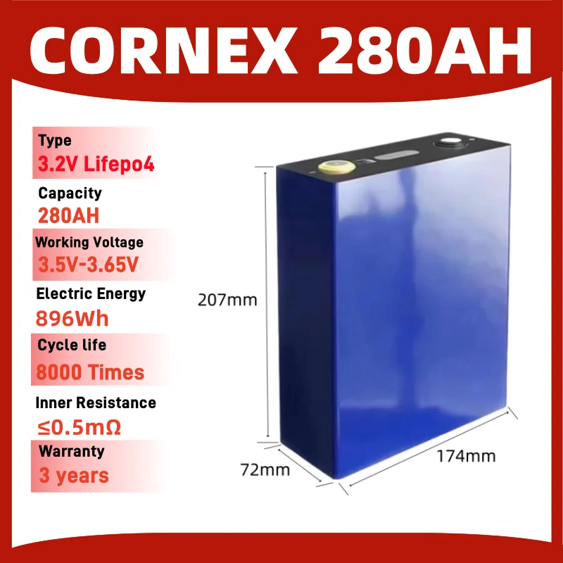 Cornex 3.2V 280Ah Lithium Battery Cell Rechargeable Lifepo4 280AH Lithium Iron Phosphate