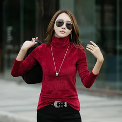 #0340 Velvet T Shirt Women Solid Color Warm Turtleneck T Shirt Long Sleeve Elegant Office Women's T-shirt Slim Autumn Winter