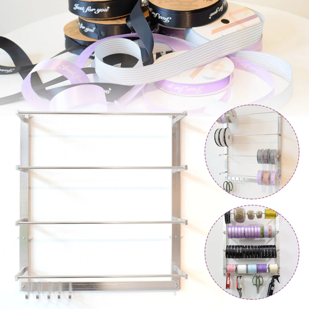 Wall Mounted Ribbons Roll Storage Rack Aluminum Alloy Craft Shops Ribbon Organizer Sewing Tool Wire Spool Thread Holder 4 Rods