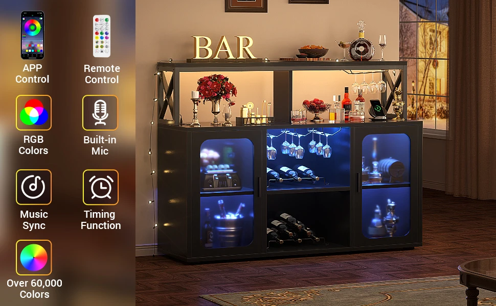 Aheaplus Black Bar Cabinet with Power Outlets LED Lights & Glass Holder - Storage Buffet Coffee Bar for Liquor Wine Racks for Home Kitchen image 8