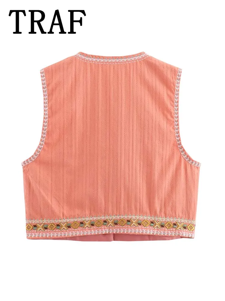 TRAF Vintage Embroidered Vests for Women Fashion National Style Sleeveless Coat Summer Vest 2024 Streetwear Casual Waistcoat Top