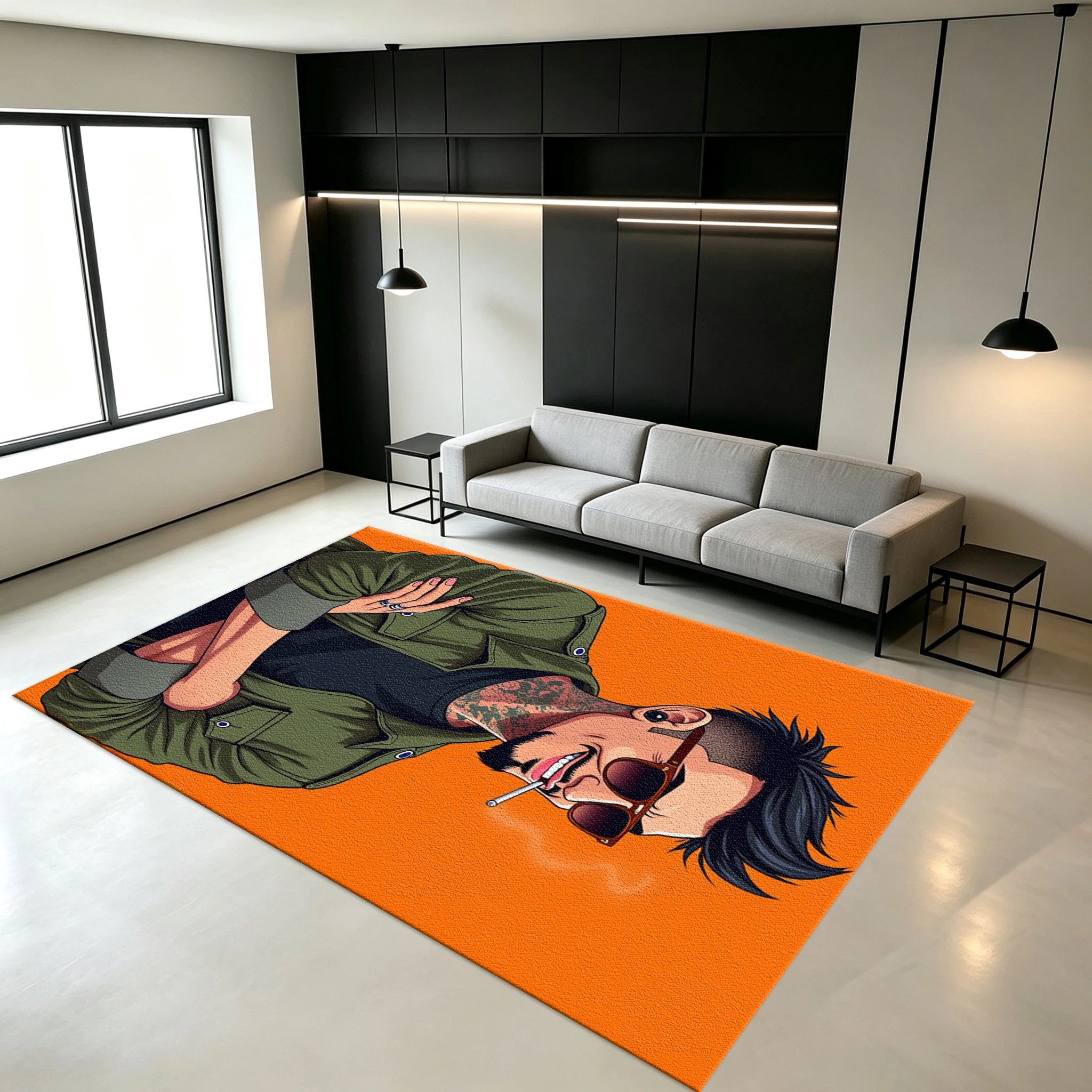 Cool Pop Art Tattoo Pattern Men's Orange Background Carpet Floor Mat Hip-Hop Style Non-Slip Floor Carpet Suitable for Home Decoration