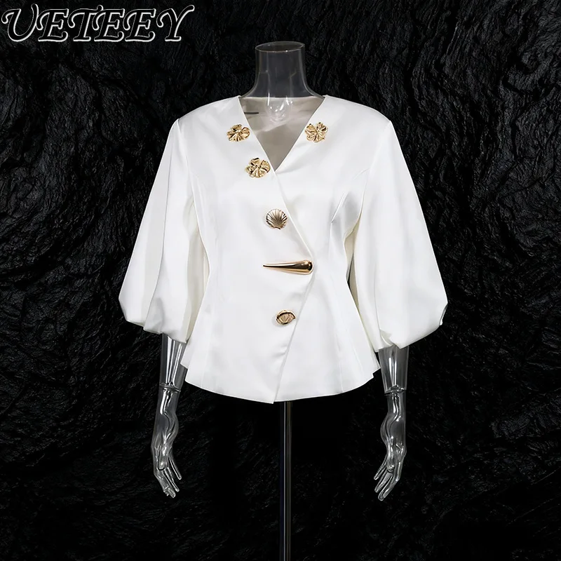 الطازجة الحلو أنيقة نمط نصف نفخة كم بلايز موضة جديدة زر معدني المرقعة الخامس الرقبة الخصر مقصوص قميص للنساء #3