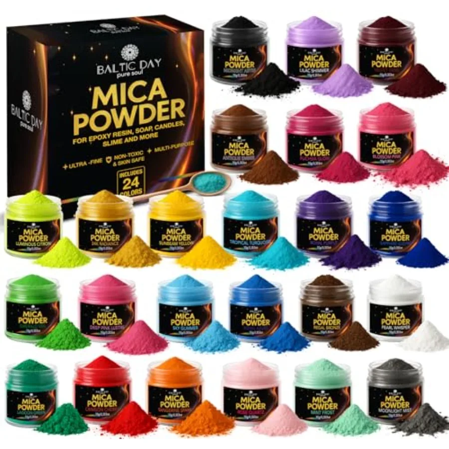 

Mica Powder for Epoxy Resin 24 Ultra-Vibrant Colors in Large 10g Jars 240g Total High-Pigment Cosmetic-Grade Pearlescent Powder