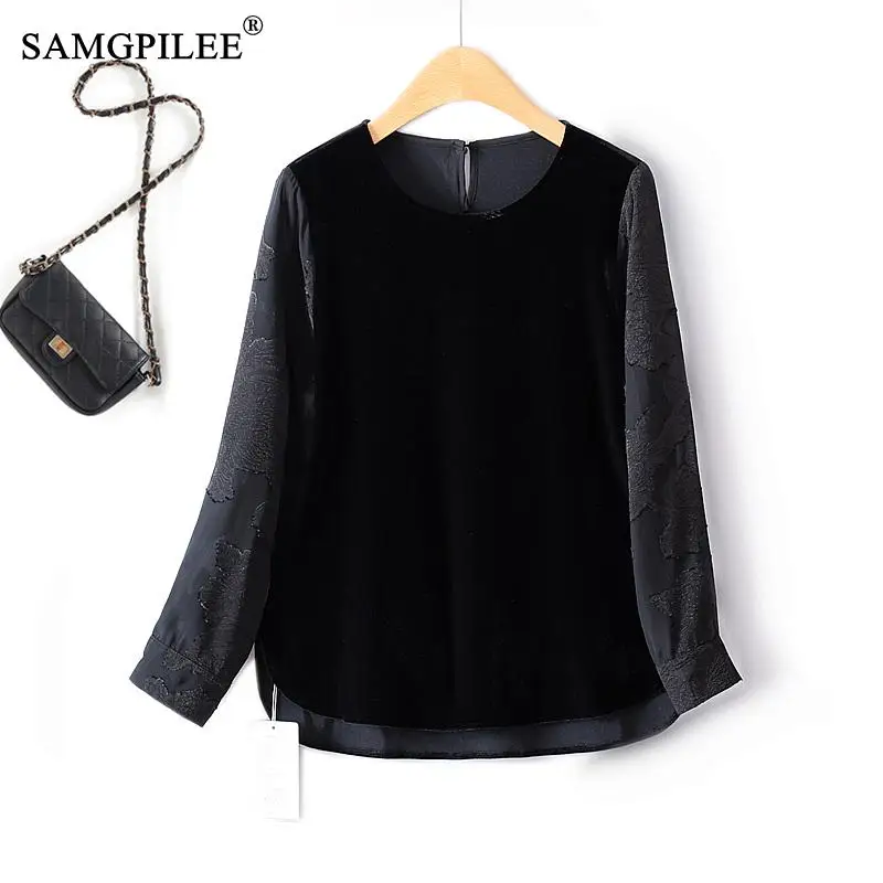 

New Chinese Style Thin T-shirts For Women 2023 Jacquard Stitching Velvet O Neck Loose Bottoming Autumn Winter Female Clothing