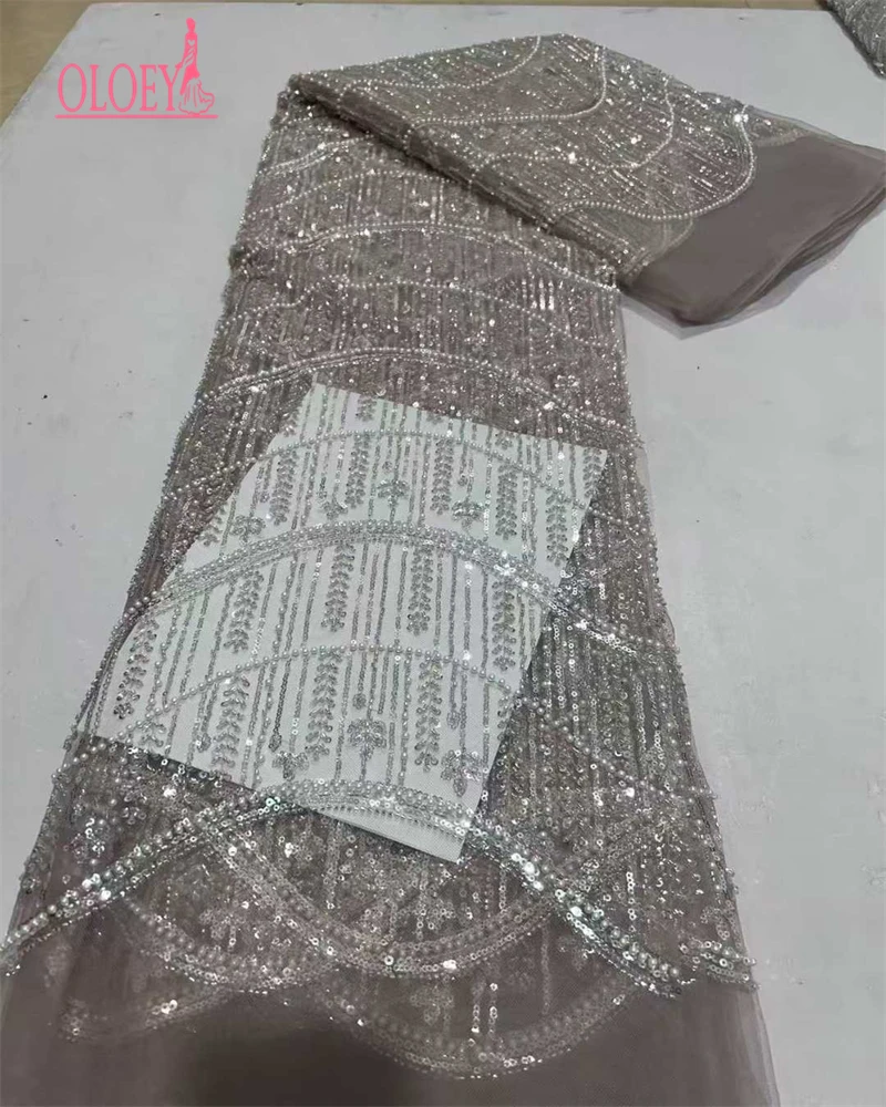 OLOEY Tessuto di pizzo con perline africane Tessuto di tulle francese di pizzo con paillettes nigeriane di alta qualità per abito da festa di nozze Sewin