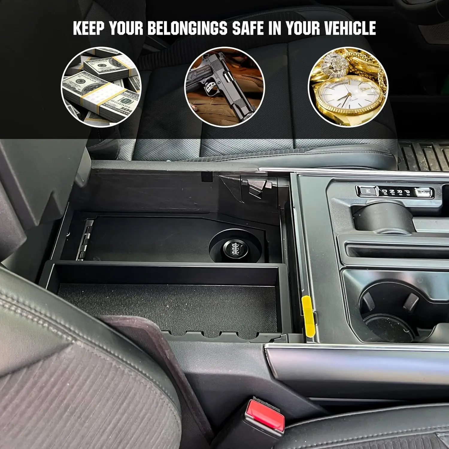 Center Console Safe Gun Safe Box with Springs Hinge Compatible with 2021-2024 Ford F150, 2022-2023 F150 Lightning