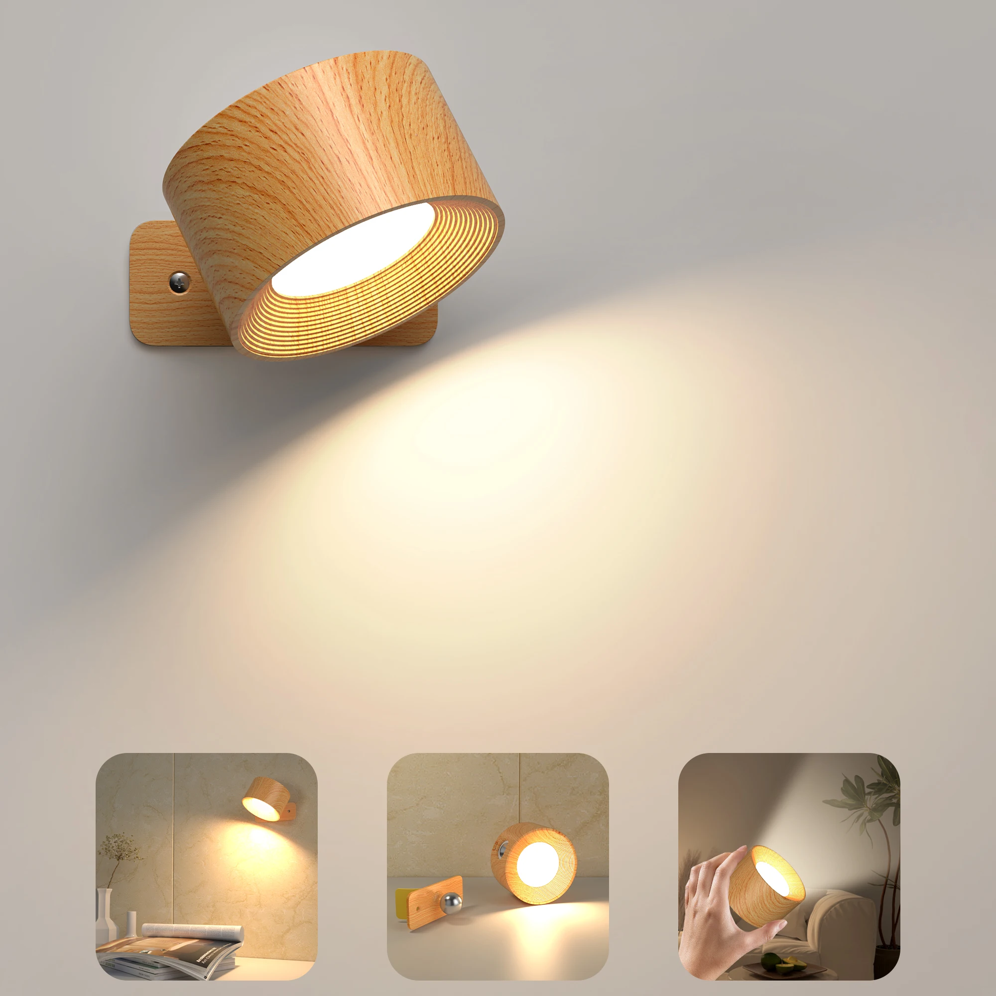 Wooden LED Wall Sconce, 360° Rotatable Dimmable ，Magnetic Touch Control， Rechargeable Battery Operated Magnetic Night Light