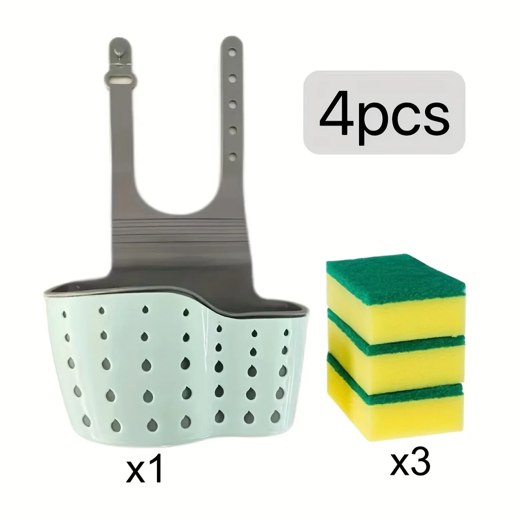 4 pieces - adjustable kitchen sink storage rack with dishwashing sponge and dishwashing cleaning cloth - space-saving hanging dr