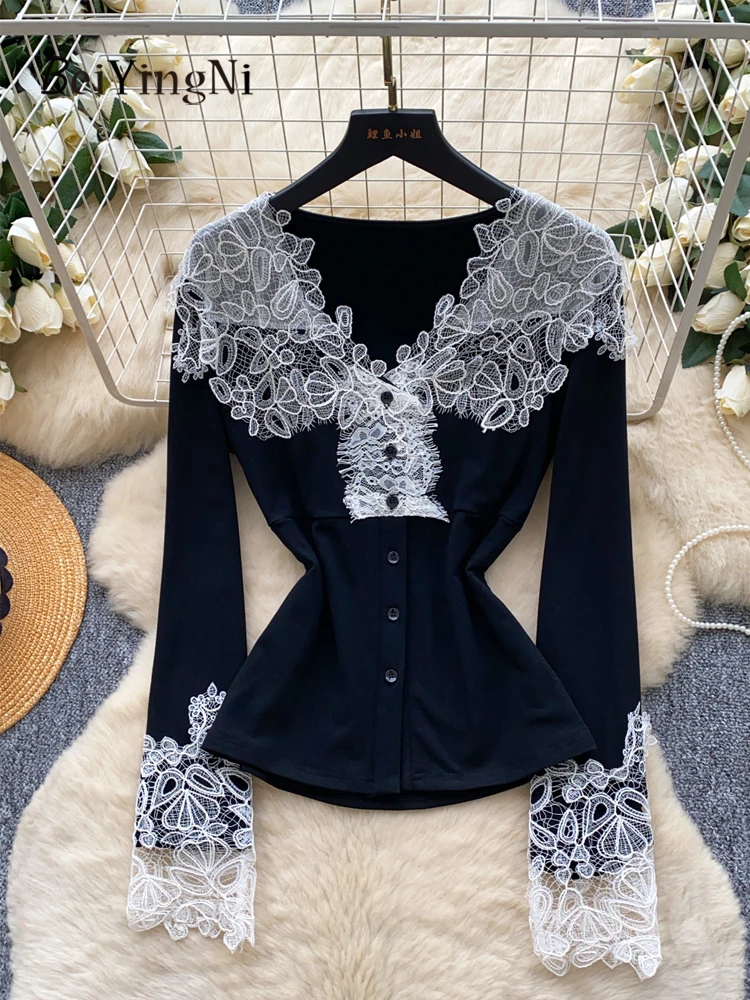 

Beiyingni элегантные высококачественные черные рубашки для женщин, кружевные лоскутные французские офисные женские блузки на пуговицах, повседневные модные блузки 2025