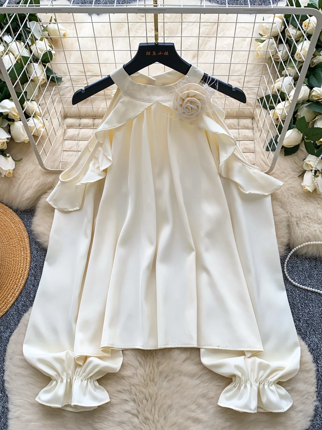 

Ele Long Sve Satin irt Женские oulder Bared Ne Hanging Loose Fit Commute Sle Корейская версия Дышащий полиэстер...