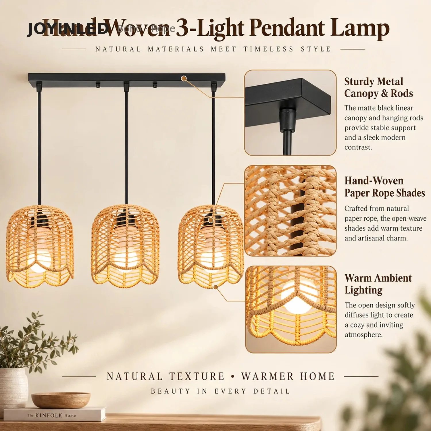 JOYINLED 3-Light Boho Woven Paper Rope Pendant Light E27 for Home Office, Basement, Studio, Farmhouse Decor, Landing, Staircase