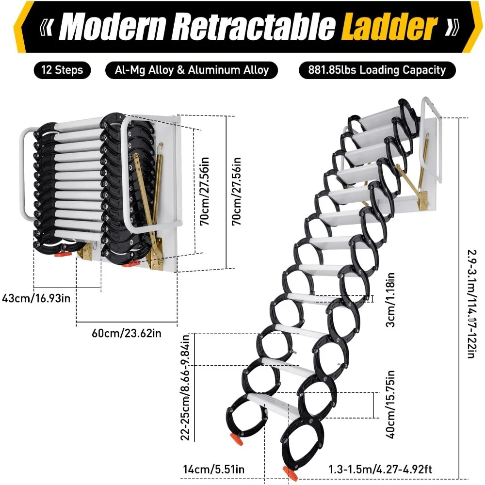 سلم عطلي قابل للسحب بـ 12 خطوة مع درابزين للمنزل - نظام سلالم الوصول العلوي المثبت على الحائط #4