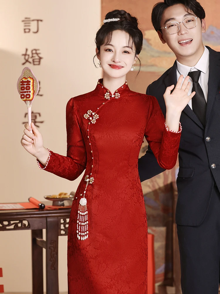 

Chinese Sle Long Sve Wedding Dr Red Marriage Ceremony Clothes New Bride High-End Sensation Qipao for Women
