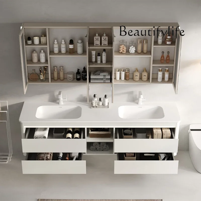 

Rock slab hot bending integrated basin stainless steel bathroom cabinet combination double basin washstand designer high-end