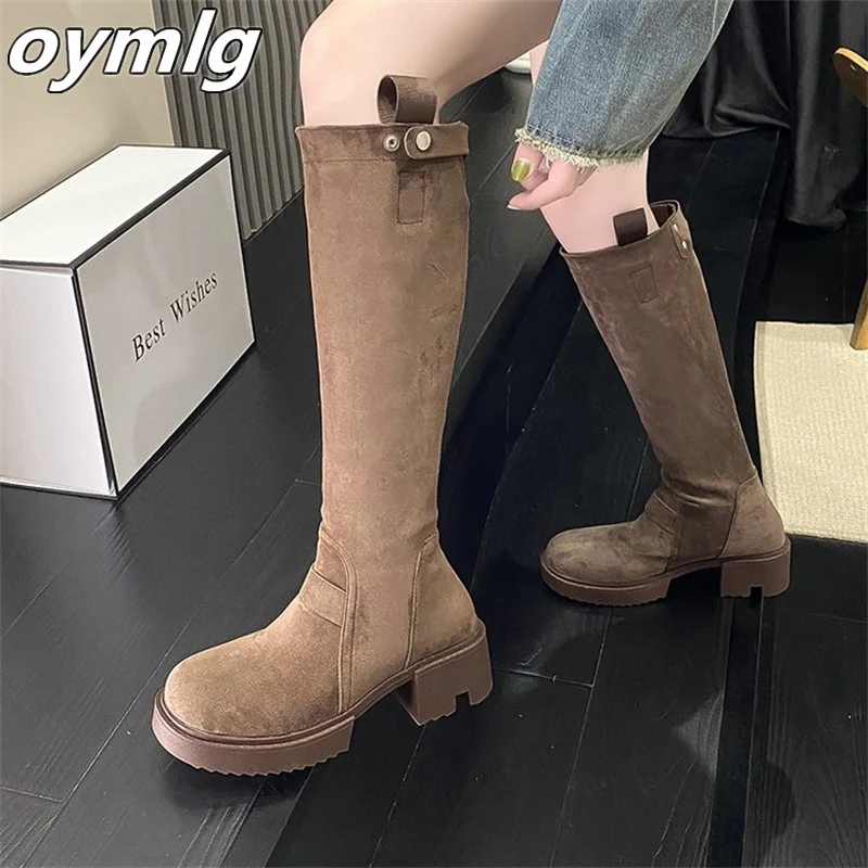 

Small stature thick soled boots women's suede less than knee length thin and chivalrous boots versatile thick heeled high boots