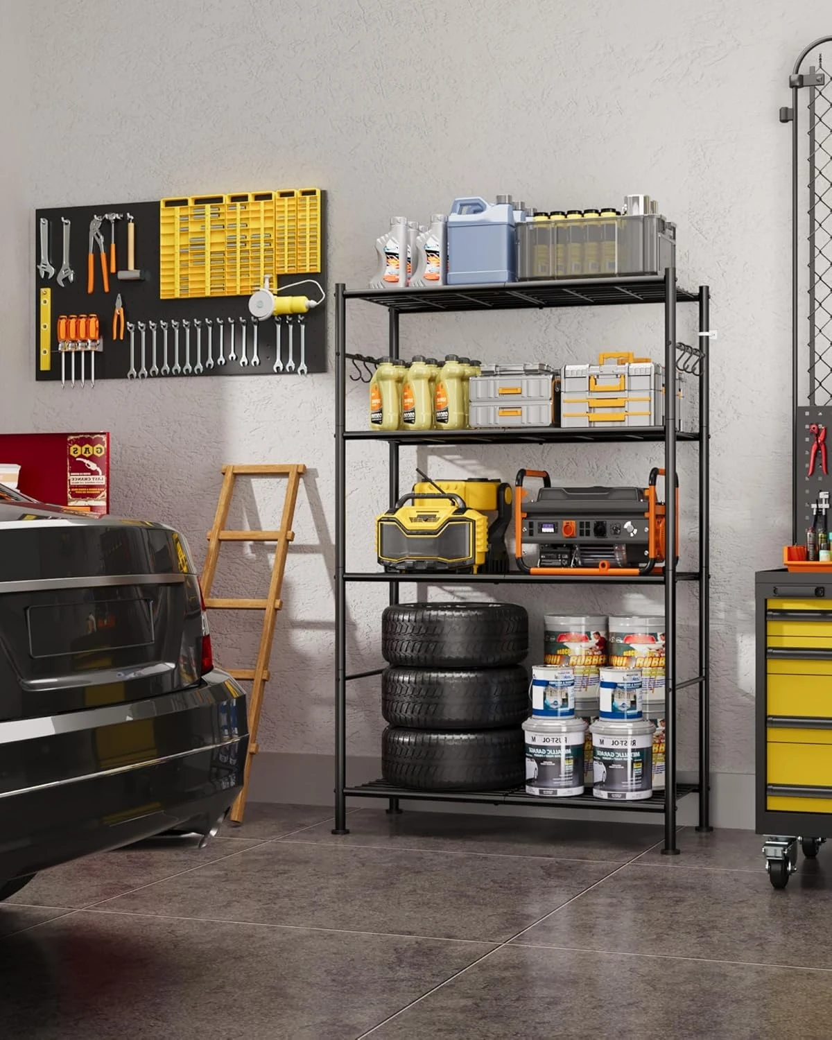 Heavy Duty 5-Tier Metal Storage Shelf Organizer with Hooks, Adjustable Leveling Feet, Rustproof Shelving Unit for Garage Kitchen Pantry Bedroom, Black