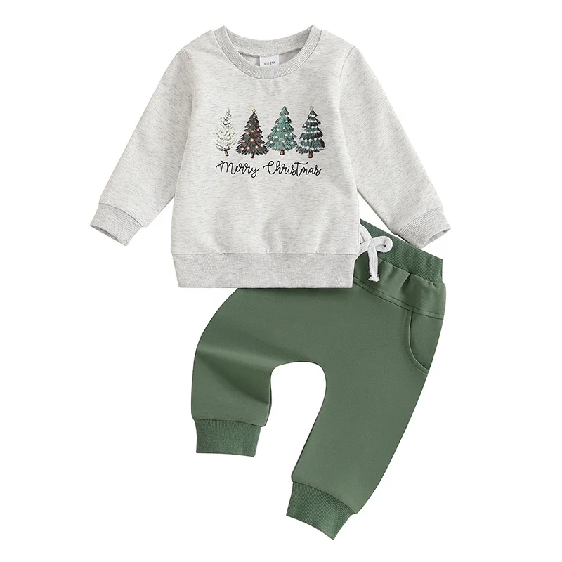 Completi natalizi per bambini da bambino, felpe a maniche lunghe con stampa di lettere dell'albero di Natale e pantaloni lunghi, set di vestiti da 2 pezzi