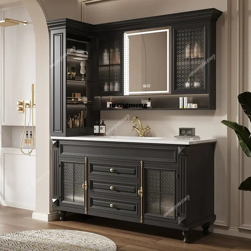 

American oak bathroom cabinet combination French rock slab seamless integrated basin washstand hand washbasin floor type