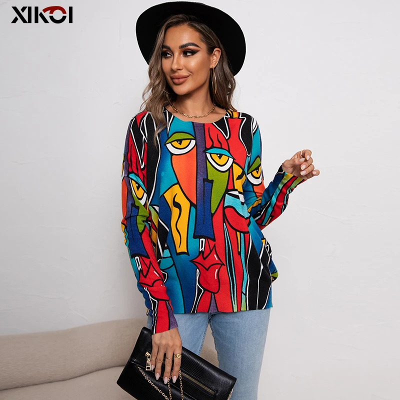 2022 Winter Knitting Sweater Pullovers Women Long Sleeve Tops O-neck Knitted Print Sweater Women Clothes Oversized Female Shirt