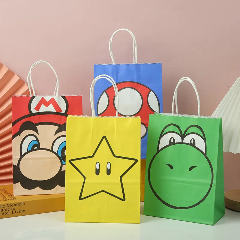 12pcs Super Mario Bros Candy Kraft Paper Bags Party Supplie Anime Figure Toy Luigi Yoshi Cute Gift Bag Decor Kids Birthday Gifts