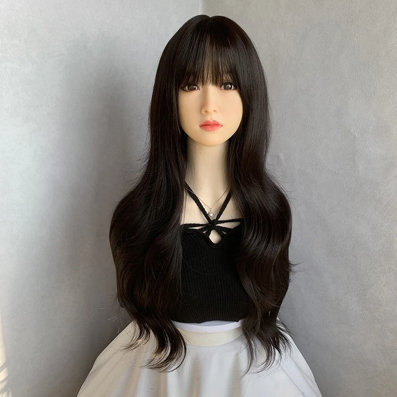 

Fashion long curly hair French big wave bangs natural simulation matte high temperature silk wig women's headgear