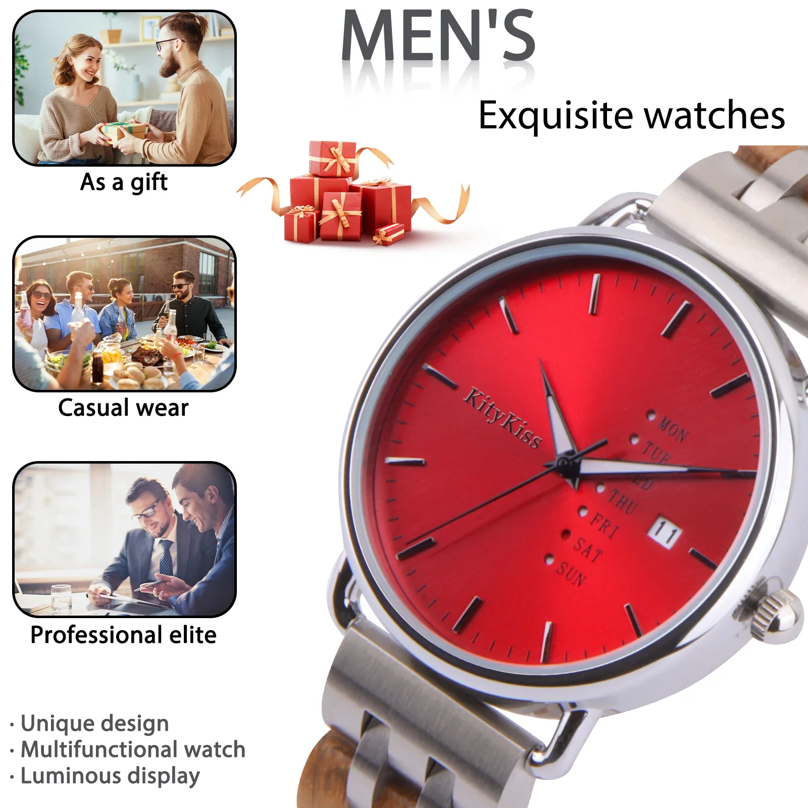 KityKiss-Reloj de madera fino para hombre y mujer, resistente al agua, de cuarzo, con fecha semanal, aleación combinada con embalaje de regalo