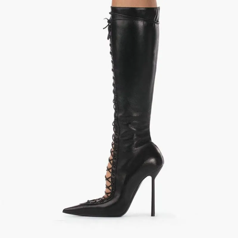 Arden Furtado Summer Knee high boots Pointed toe Cross lacing Hollow out Stiletto heels black matte leather high heel Sexy boots