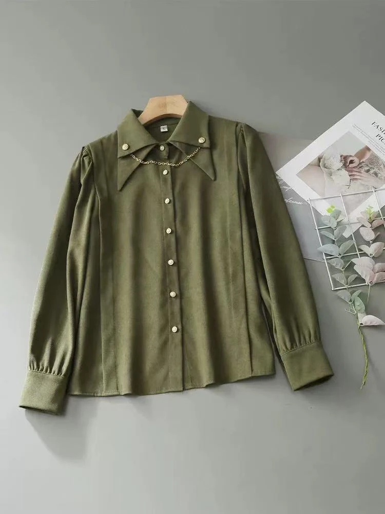 

Vintage Corduroy Casual Shirts Women Korean Loose Elegant Long Sleeve Blouse Y2K Harajuku Chain Design Solid All Match Tops