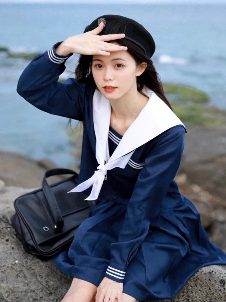 Jk 和菓子ネイビーカラーカレッジ長袖シャツ春秋ガールズファッション万能年齢軽減プリーツスカートセット