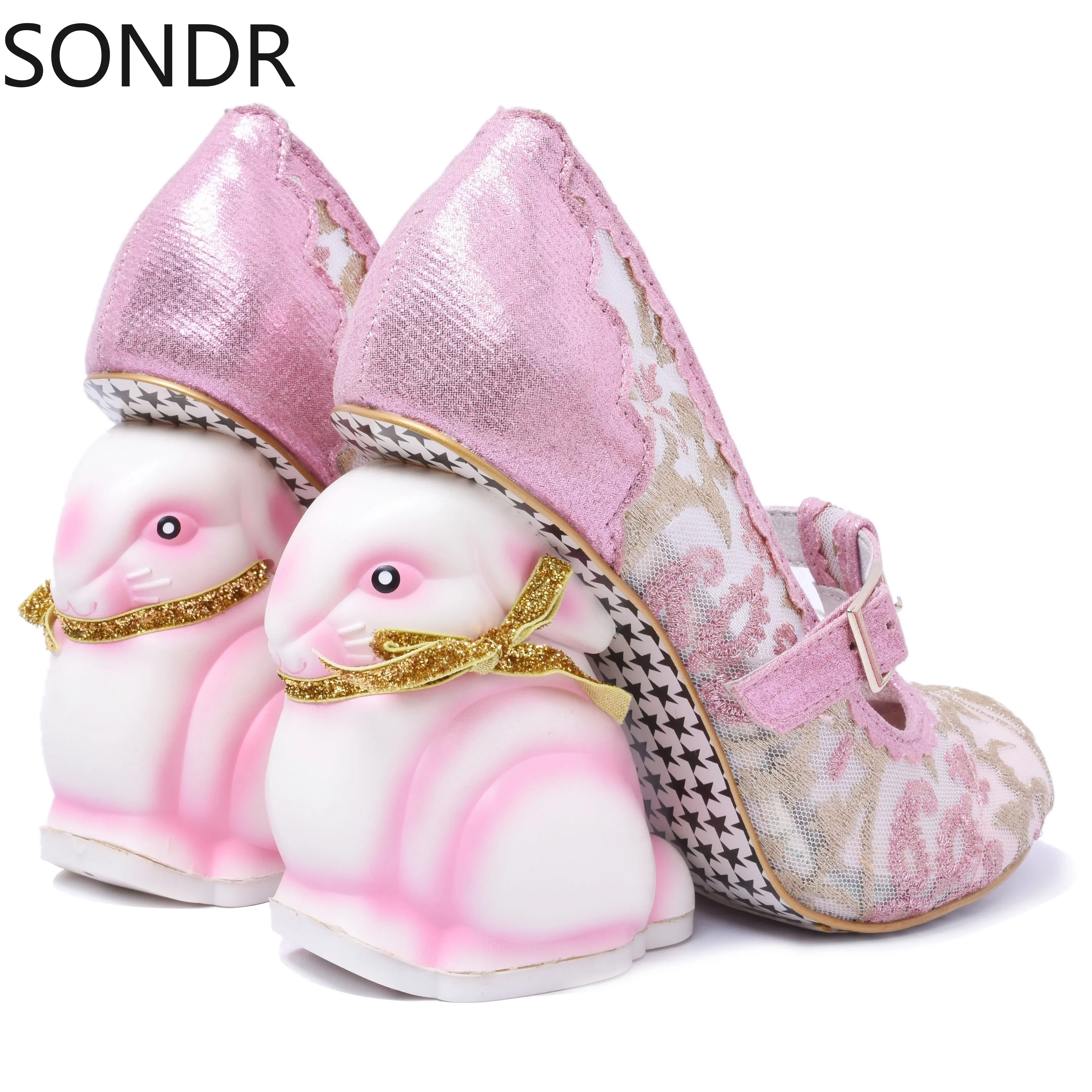 Zapatos de tacón alto con lentejuelas ostentosas para mujer, zapatos de tacón de conejo irregulares y extraños, de lujo, DIY, dulce Lolita, novedad de 2024