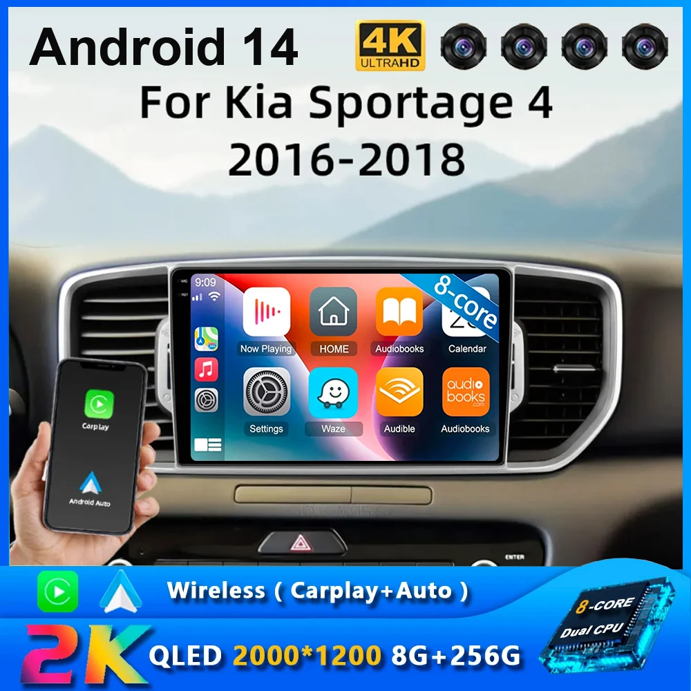

Android 14 Car Radio Carplay For Kia Sportage 4 QL 2016 - 2018 Navigation GPS Multimedia Player stereo wifi+4G Auto BT 360Camera