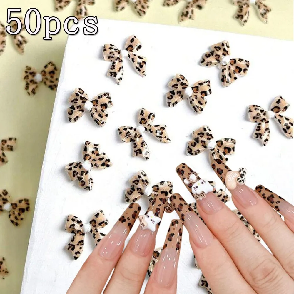 20/50Pcs 3D Maillard Color Ribbon Bow Kitty Nail Charms Leopard Print Tie Bowknot Rhinestones Y2K Flatback Resin Nail Decoration