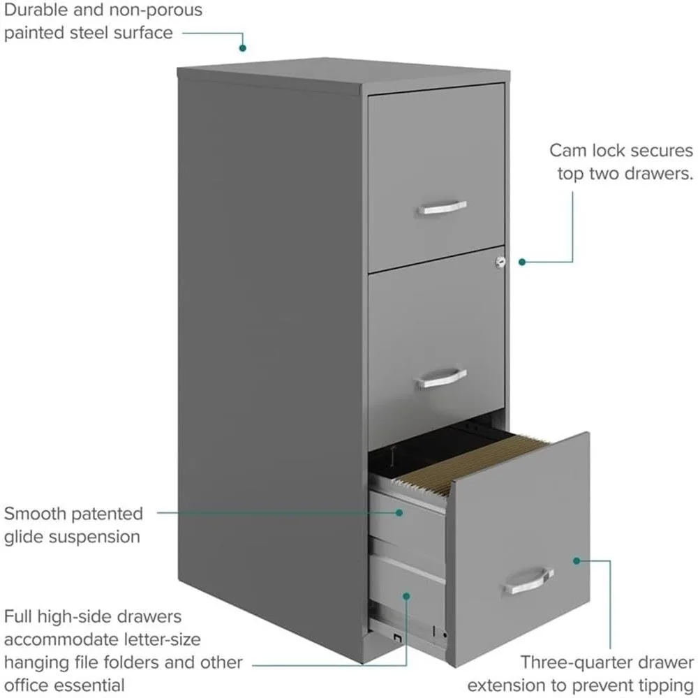 Modern Vertical 3-Drawer Metal Filing Cabinet with Lock, Silver - Secure Storage for Office Documents