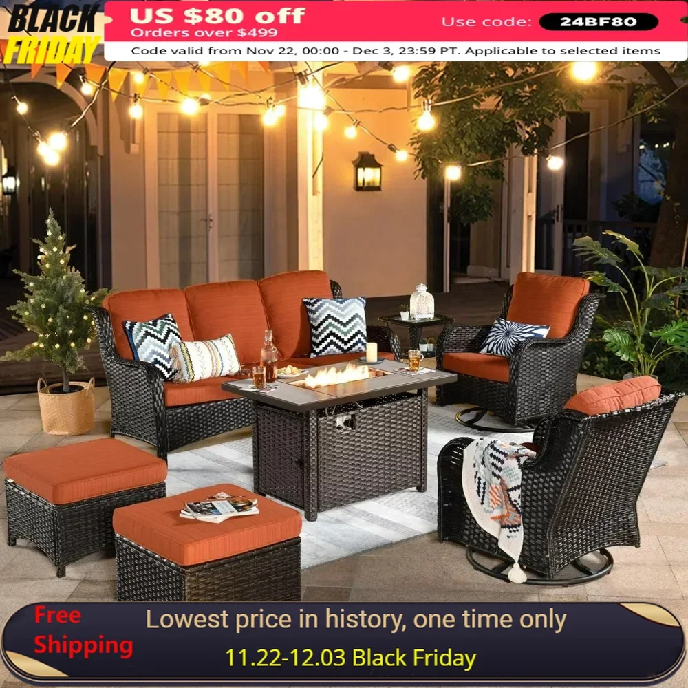 Patio Furniture Set, 7 Piece Outdoor Wicker Swivel Rocking Chairs with Rectangle Propane Fire Pit Table, All Weather Sofa Set