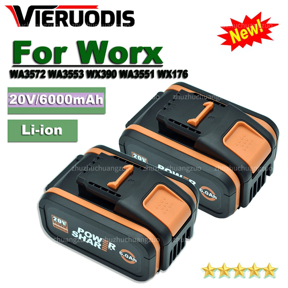 20V/6.0Ah Battery for Worx WA3553 Replacement Battery Cordless Power Tool Spare Batterie WA3572 WA3553 WX390 WA3551 WX176 WX178