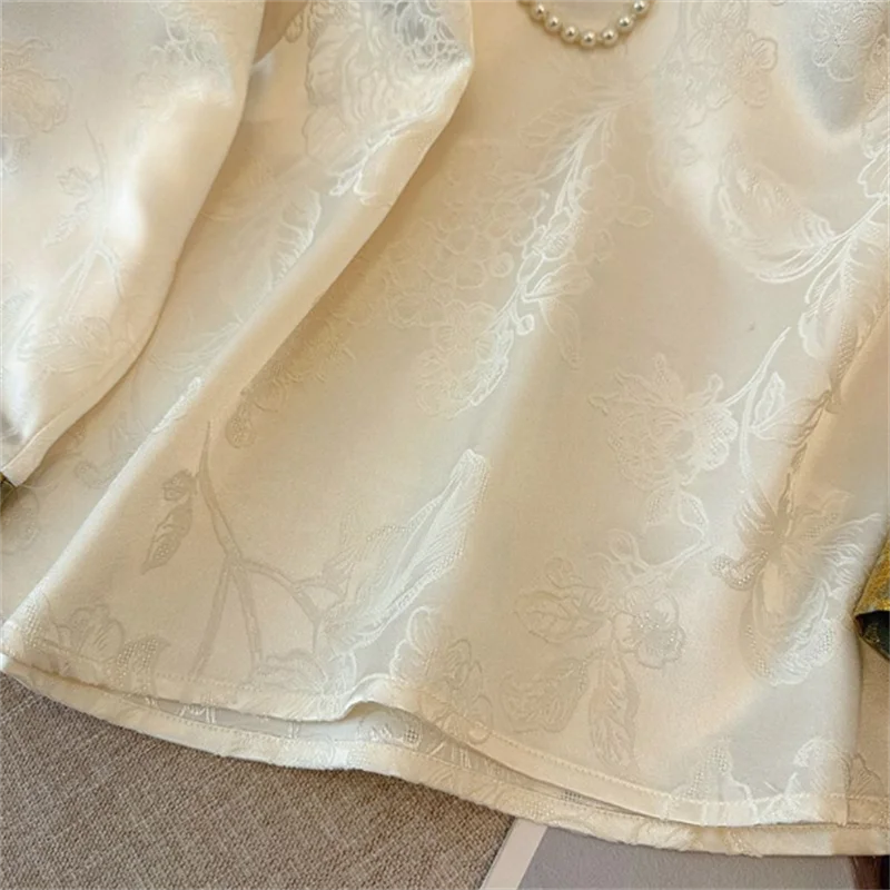 Blusa china para mujer, Top de Jacquard con cuello redondo, camisa Retro para mujer, jersey holgado de té inspirado en Zen, blusa empalmada