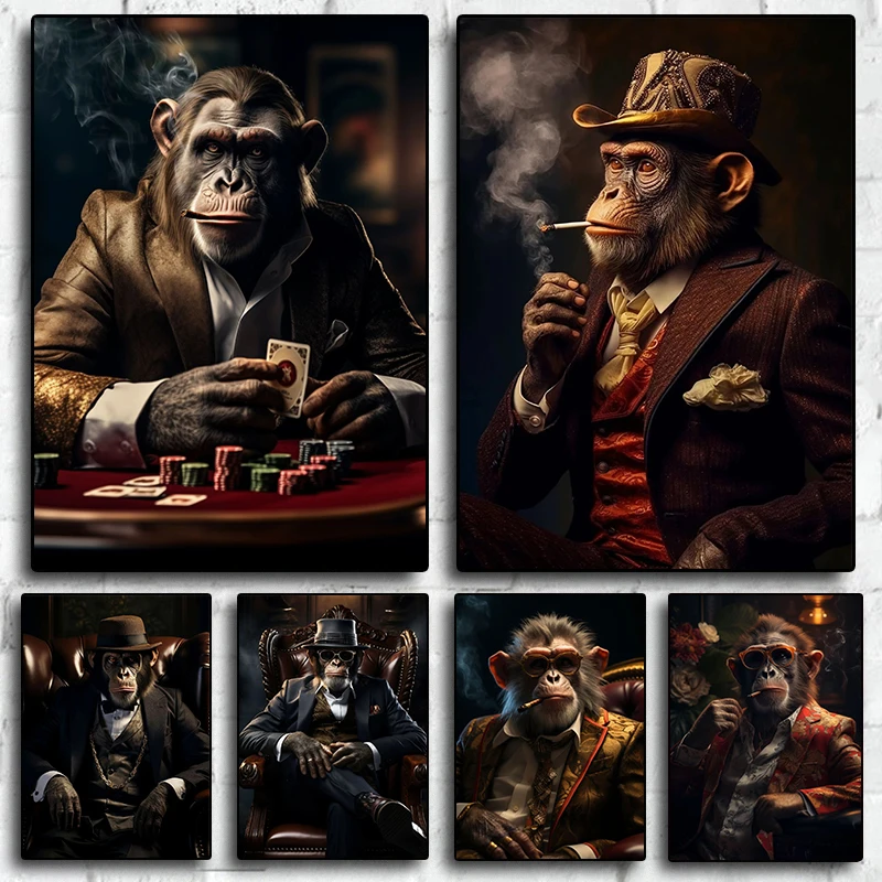 Gangster Monkey Smoking A Cigarette Posters Prints Canvas Painting Aristocrat Animal Wall Art Picture for Living Room Home Decor