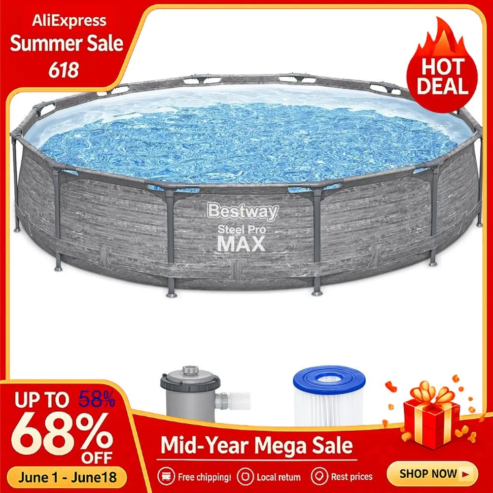 Steel Pro MAX 12 x 30 Above Ground Pool, Round Metal Frame Outdoor Swimming Pool Set with Filter Pump, Stacked Stone Print